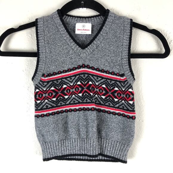 Hanna Andersson Gray Red Black Fair Isle Knit Pull Over V-Neck Sweater Vest Top - Picture 1 of 5